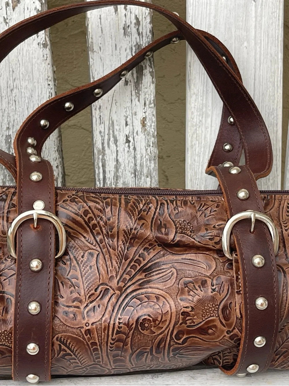 Harley-Davidson Brown Tooled Leather Barrel Satchel Shoulder Bag